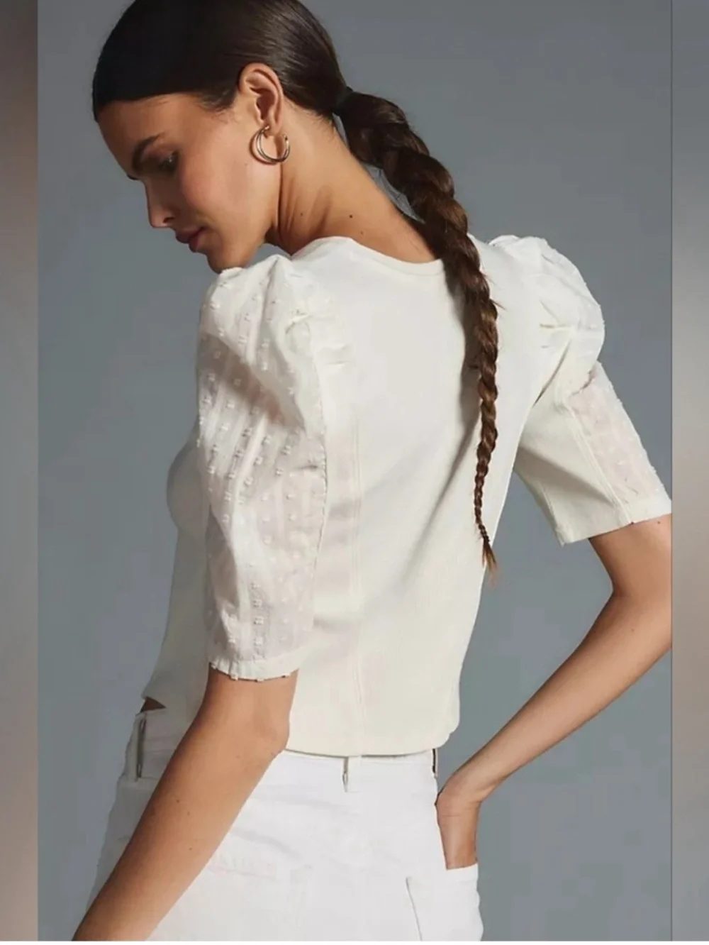 Anthropologie Puff-Sleeve Structured V- Neck Tee Blouse Top Ribbed Size L